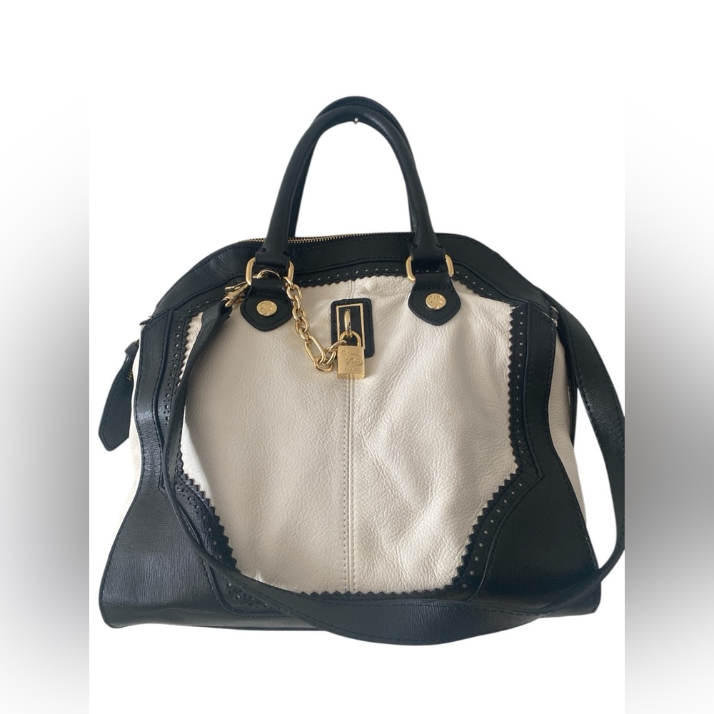 NWOT Emma Fox leather satchel handbag of white and black in pristine condition